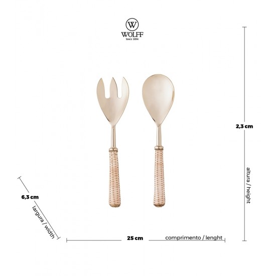 Jogo 2 Talheres Para Salada de Aço Inox Com Cabo de Rattan Dourado